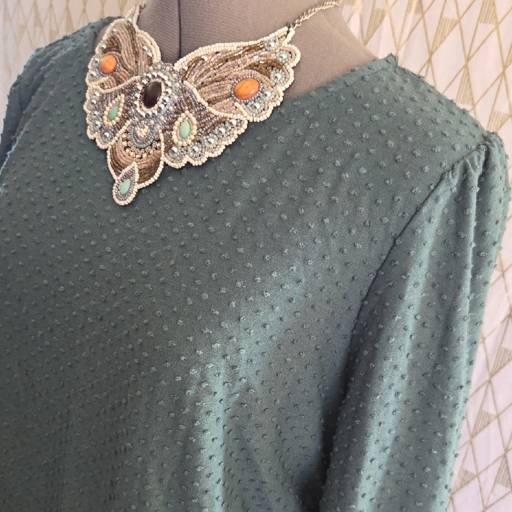 W5 Dark Green Textured Long Sleeve Top with Side Ties - Picture 4 of 4